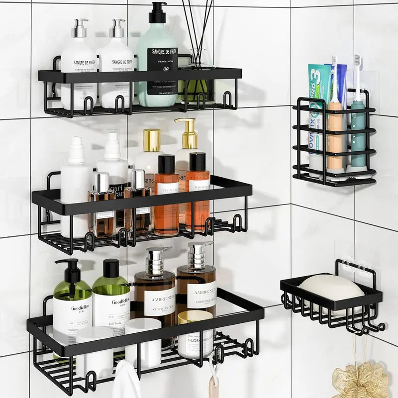 【Fall Essentials】5-Piece Black Stainless Steel Shower Caddy Organizer Set – No Drill Strong Adhesive Rustproof Waterproof Wall Mount | Floating Shelves Soap Dish Toothbrush Shampoo Holder | Aesthetic Cozy Home Renter Friendly Bathroom Upgrade Must Have