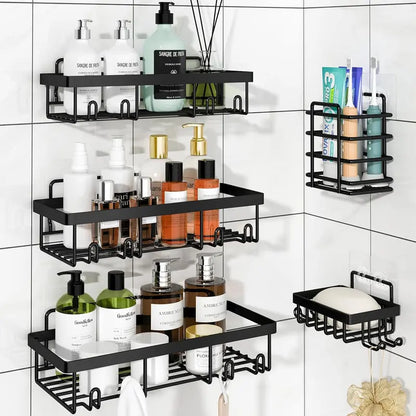 【Fall Essentials】5-Piece Black Stainless Steel Shower Caddy Organizer Set – No Drill Strong Adhesive Rustproof Waterproof Wall Mount | Floating Shelves Soap Dish Toothbrush Shampoo Holder | Aesthetic Cozy Home Renter Friendly Bathroom Upgrade Must Have