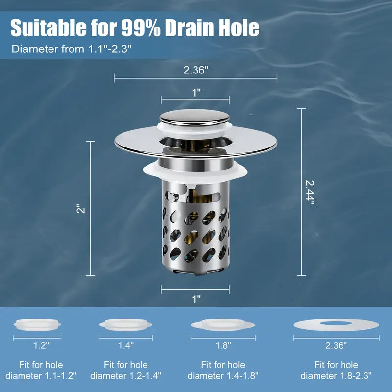 Bathroom Sink Stopper 2 in1, Pop Up Drain Strainer with Removable Stainless Steel Hair Catcher, Brass Core, Chrome Finish, Universal Fit 1.1-2.36 in