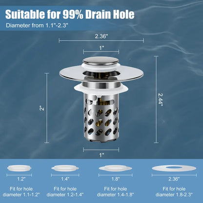 Bathroom Sink Stopper 2 in1, Pop Up Drain Strainer with Removable Stainless Steel Hair Catcher, Brass Core, Chrome Finish, Universal Fit 1.1-2.36 in