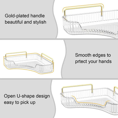 2-Tiers Plastic Corner Bathroom Counter Organizer - Gold Metal Pole Shelves, Makeup Organizer Storage Rack, Cosmetic Perfume Tray Holder for Vanity Sink, Bathroom Gadget, Bathroom Accessories