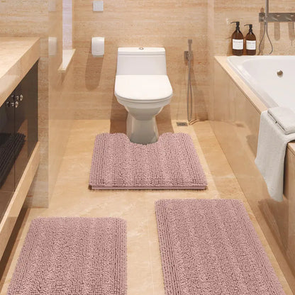 Comfydew Striped 3-Piece Non-Slip Chenille Bathroom Rug Set, Non-Slip PVC Backing Adds Safety, Ultra Soft Deep Pile Soak Absorbent Shaggy Mats for Bathroom Floor, Bedroom