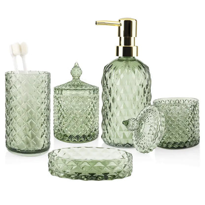 5-Pcs Green Glass Bath Accessory Kit - Vanity Countertop Organizer with Hand Soap Dispenser, Soap Dish, Toothbrush Holder, Jar, Bathroom Decoration Accessories, Vanity Decor, Green Cozy Ambiance, Mother's Day Housewarming Gift Set