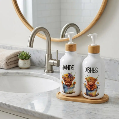 2Pcs Highland Cow Soap Dispensers with Tray, Farmhouse Cow Floral Plastic Dispenser with Bamboo Elements and Pump, Refillable Liquid Dish Soap Container for Bathroom and Kitchen Countertop Decor, Bathroom Accessory, Bathroom Gadgets