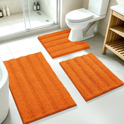 ACCUMTEK 3-Piece Soft Striped Rectangle Chenille Bathroom Rug Set - Stays Put PVC Grip, Absorbent, Plush Texture Shaggy Weave, Machine Washable for Easy Upkeep, Bathroom Accessory, High Pile