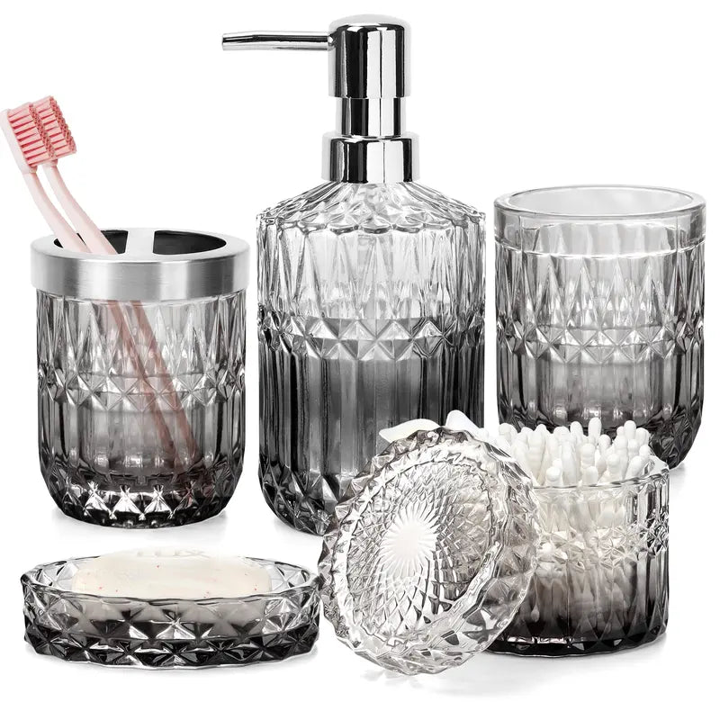 5-Pcs Green Glass Bath Accessory Kit - Vanity Countertop Organizer with Hand Soap Dispenser, Soap Dish, Toothbrush Holder, Jar, Bathroom Decoration Accessories, Vanity Decor, Green Cozy Ambiance, Mother's Day Housewarming Gift Set