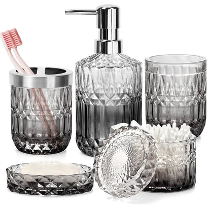 5-Pcs Green Glass Bath Accessory Kit - Vanity Countertop Organizer with Hand Soap Dispenser, Soap Dish, Toothbrush Holder, Jar, Bathroom Decoration Accessories, Vanity Decor, Green Cozy Ambiance, Mother's Day Housewarming Gift Set