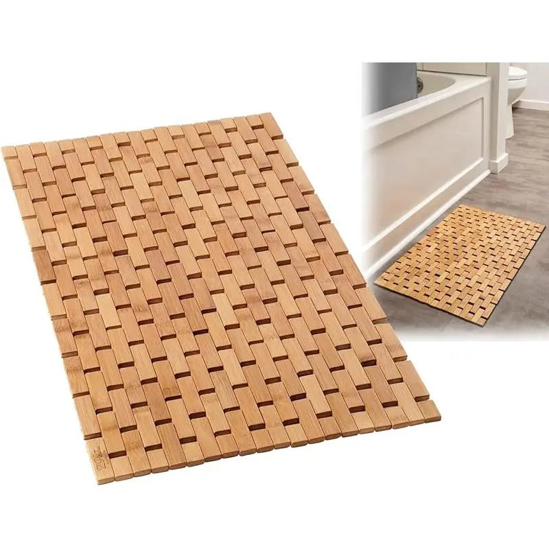 30% Stronger Bamboo Lattice-Weave Bathroom Drying Doormat - 34x18in Rectangle, Rubber Non-Slip Underlay, Foldable, Rolling Feature, Custom Box, Floor-Tested, Eco-Friendly Bathroom Accessory
