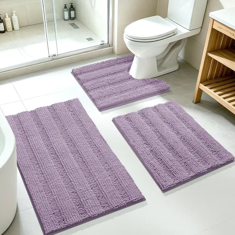 ACCUMTEK 3-Piece Soft Striped Rectangle Chenille Bathroom Rug Set - Stays Put PVC Grip, Absorbent, Plush Texture Shaggy Weave, Machine Washable for Easy Upkeep, Bathroom Accessory, High Pile