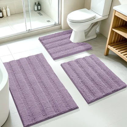 ACCUMTEK 3-Piece Soft Striped Rectangle Chenille Bathroom Rug Set - Stays Put PVC Grip, Absorbent, Plush Texture Shaggy Weave, Machine Washable for Easy Upkeep, Bathroom Accessory, High Pile