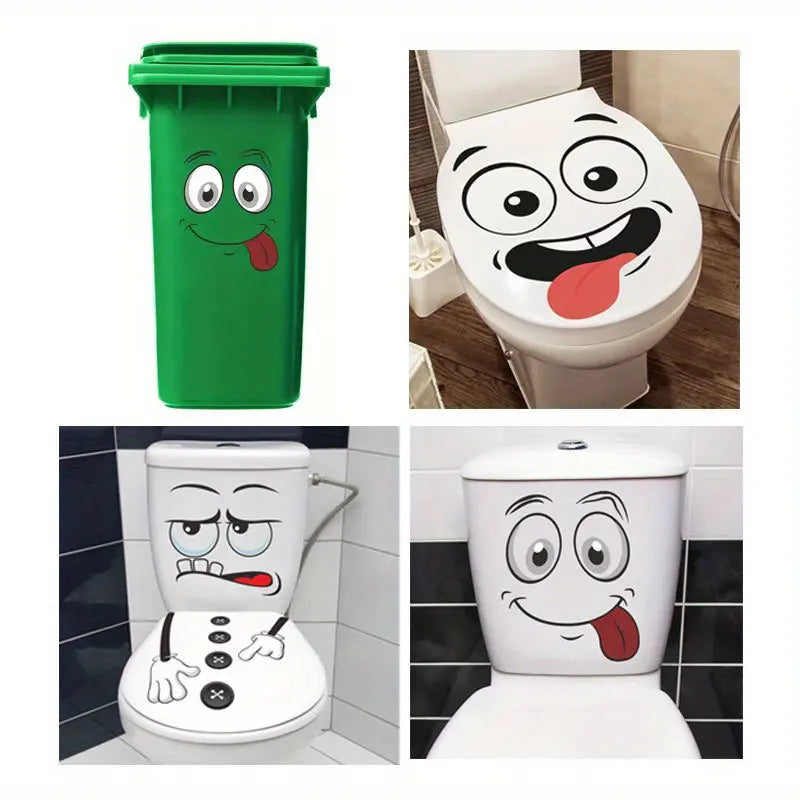 4pcs cartoon face sticker, self-adhesive, plastic surface compatible, one-time use, suitable for, toilet, refrigerator, bright face, decoration, cartoon joyful face toilet lid decoration, Bathroom Decor Supplies, Bathroom Decorations