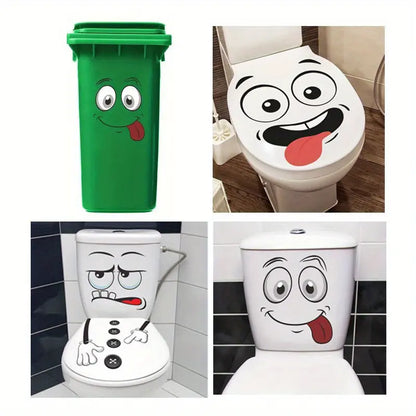 4pcs cartoon face sticker, self-adhesive, plastic surface compatible, one-time use, suitable for, toilet, refrigerator, bright face, decoration, cartoon joyful face toilet lid decoration, Bathroom Decor Supplies, Bathroom Decorations