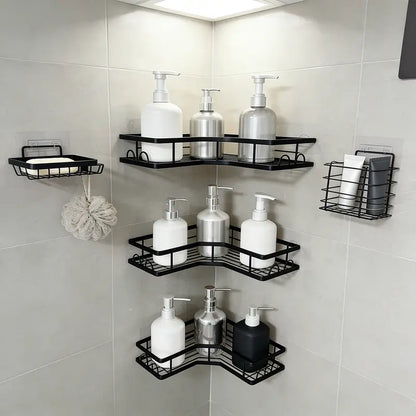 【Fall Essentials】5-Piece Black Stainless Steel Shower Caddy Organizer Set – No Drill Strong Adhesive Rustproof Waterproof Wall Mount | Floating Shelves Soap Dish Toothbrush Shampoo Holder | Aesthetic Cozy Home Renter Friendly Bathroom Upgrade Must Have