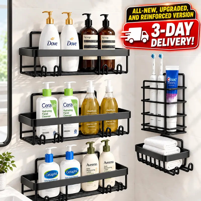 5-Piece Rustproof Stainless Steel Bathroom Organizer Set, No-Drill Self-Adhesive Shower Organizer with Holder & Shelf for Shampoo & Body Wash, Renter-Friendly Bathroom Accessory with Easy Installation