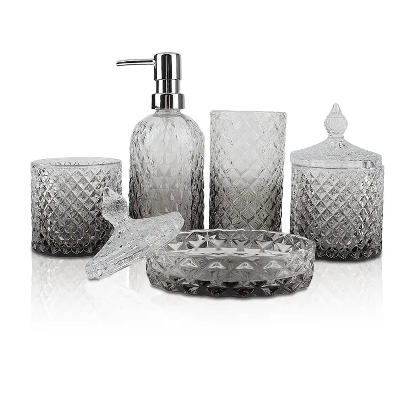 5-Pcs Green Glass Bath Accessory Kit - Vanity Countertop Organizer with Hand Soap Dispenser, Soap Dish, Toothbrush Holder, Jar, Bathroom Decoration Accessories, Vanity Decor, Green Cozy Ambiance, Mother's Day Housewarming Gift Set