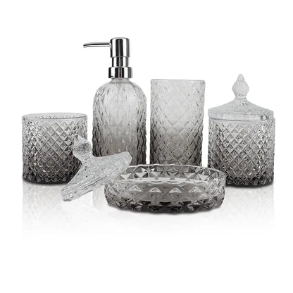 5-Pcs Green Glass Bath Accessory Kit - Vanity Countertop Organizer with Hand Soap Dispenser, Soap Dish, Toothbrush Holder, Jar, Bathroom Decoration Accessories, Vanity Decor, Green Cozy Ambiance, Mother's Day Housewarming Gift Set