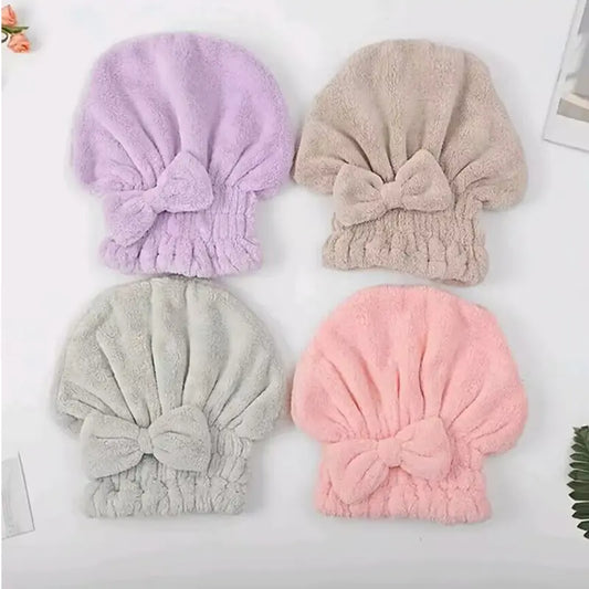 4pcs Shower Cap Set for Women, Soft Ultra-Absorbent Hair Drying Towel Wraps with Bow Decor, Reusable Bathroom Essentials for Adults