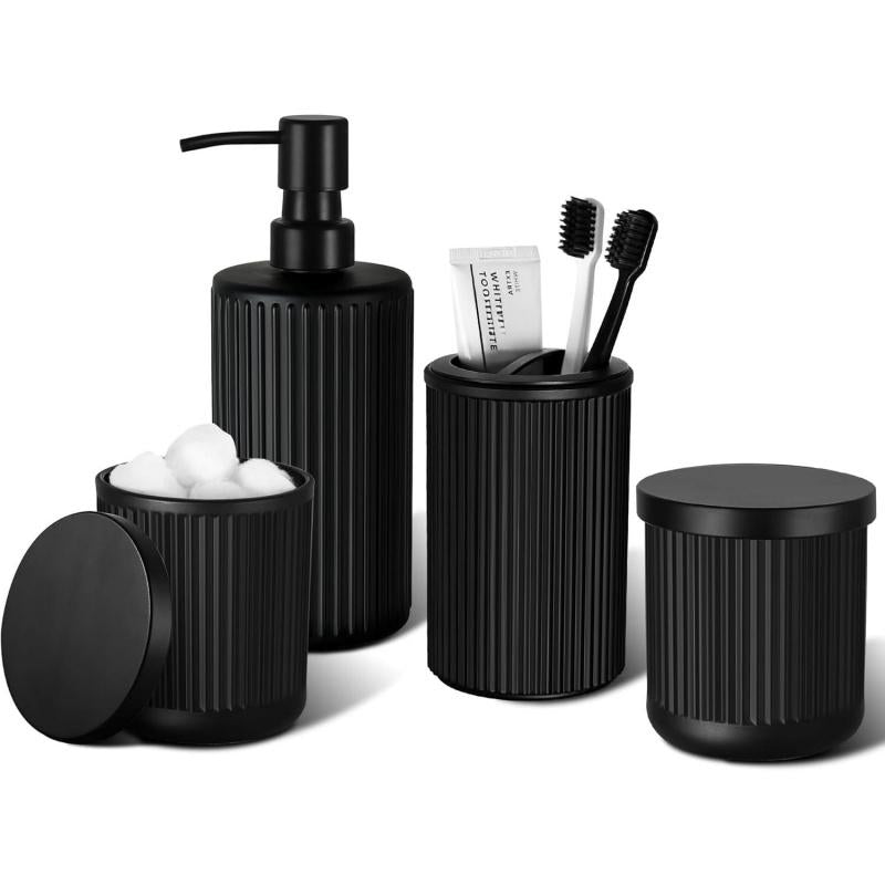Matte Black Stainless Steel Bathroom Organizer Supplies Set (4-Piece) - Glass Soap Dispenser with Pump, Holder, Qtip Organiser for Modern Home Decor