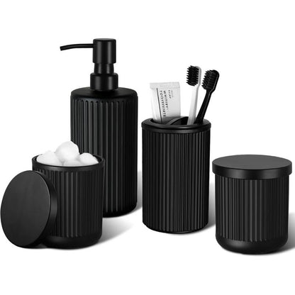 Matte Black Stainless Steel Bathroom Organizer Supplies Set (4-Piece) - Glass Soap Dispenser with Pump, Holder, Qtip Organiser for Modern Home Decor