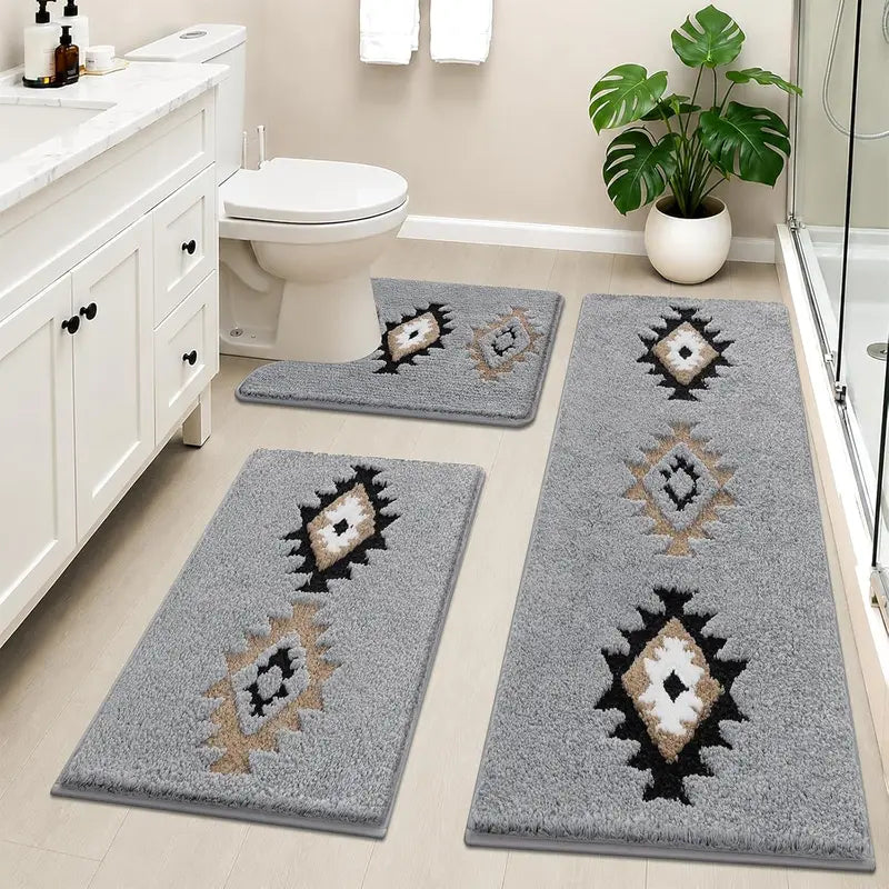 [SeptemberStockUp] HEBE Boho 3-Piece Washable Shaggy Bath Rugs Set, Non-Slip Stays Put Grip Absorbent Microfiber Mats with U-Shaped Contour Toilet Rug, Traditional Look Aztec Western Carpet for Tub/Shower Indoor Areas