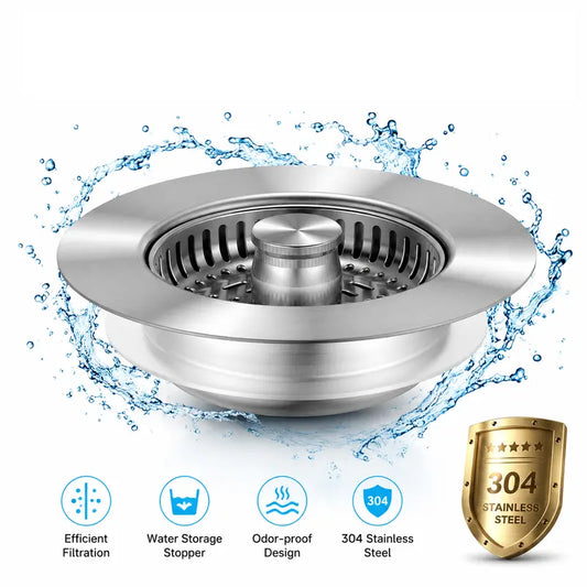 3 in 1 Compact Rust-Resist Stainless Steel Kitchen Sink Strainer Stopper - Easy Installation, Faster Water Drain, Anti-Clogging Odor Filter, US Std Fit for 3 1/2 inch Drains, Home Kitchen Gadget