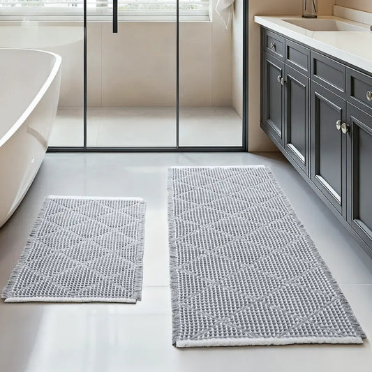 Furicher 2-Piece Anti-Slip Grip Bath Mat Set, Boho Home Spa Waffle Rugs - Super Absorbent Rectangle Mats for Bathroom Decoration, Shower Use, Machine Washable Gray & White (50.8cm×114.7cm + 45.7cm×76.2cm)