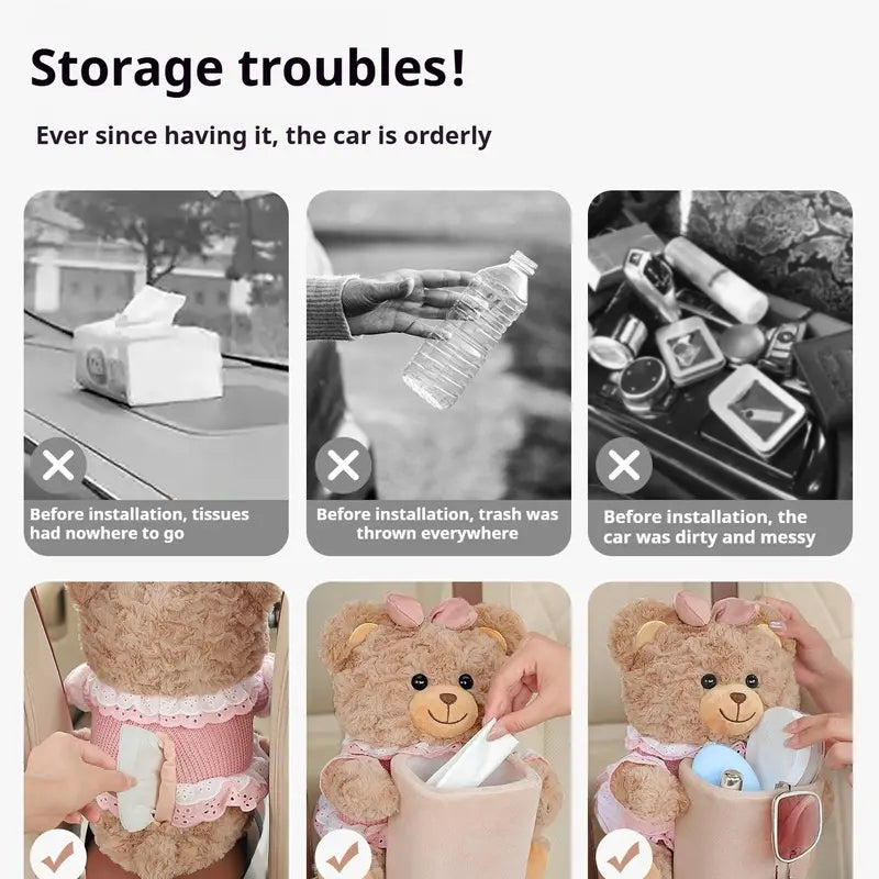 Cute Teddy Shape 2-in-1 Plastic Tissue Box Trashcan - Creative Waste Bin, Home Trash Bin, Portable Car Interior & Home Storage Organizer, Compact Fit, Valentine's Day Gifts, 2-in-1 Functionality