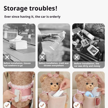 Cute Teddy Shape 2-in-1 Plastic Tissue Box Trashcan - Creative Waste Bin, Home Trash Bin, Portable Car Interior & Home Storage Organizer, Compact Fit, Valentine's Day Gifts, 2-in-1 Functionality