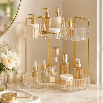 2-Tiers Plastic Corner Bathroom Counter Organizer - Gold Metal Pole Shelves, Makeup Organizer Storage Rack, Cosmetic Perfume Tray Holder for Vanity Sink, Bathroom Gadget, Bathroom Accessories