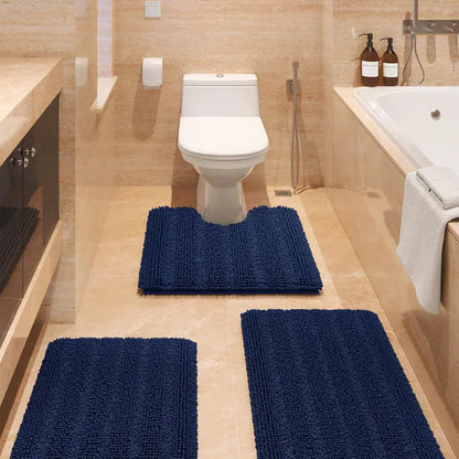 Comfydew Striped 3-Piece Non-Slip Chenille Bathroom Rug Set, Non-Slip PVC Backing Adds Safety, Ultra Soft Deep Pile Soak Absorbent Shaggy Mats for Bathroom Floor, Bedroom