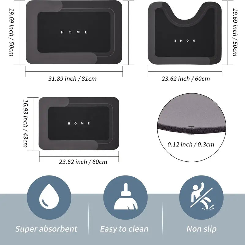 Quick Drying & Water Absorbent Bathroom Rugs 3 Piece, Anti-Slip Rubber Back Bath Mats, U Contour Toilet Rug, Sturdy Floor Mats for Shower, Tub, Bathroom and Kitchen (Black & Grey)
