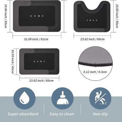 Quick Drying & Water Absorbent Bathroom Rugs 3 Piece, Anti-Slip Rubber Back Bath Mats, U Contour Toilet Rug, Sturdy Floor Mats for Shower, Tub, Bathroom and Kitchen (Black & Grey)