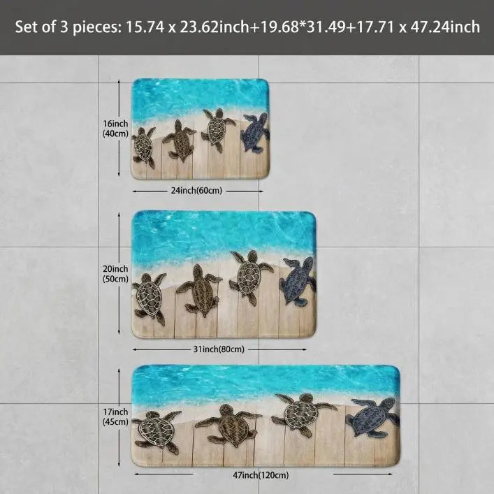 1/2/3pcs Traditional Rectangle Cushioned Anti-Slip Bath Mats - Home Supplies Mat Rug, Turtle Pattern Marine Theme Decor, Soft Comfortable Surface for Fatigue Relief (Bathroom & Kitchen Use)