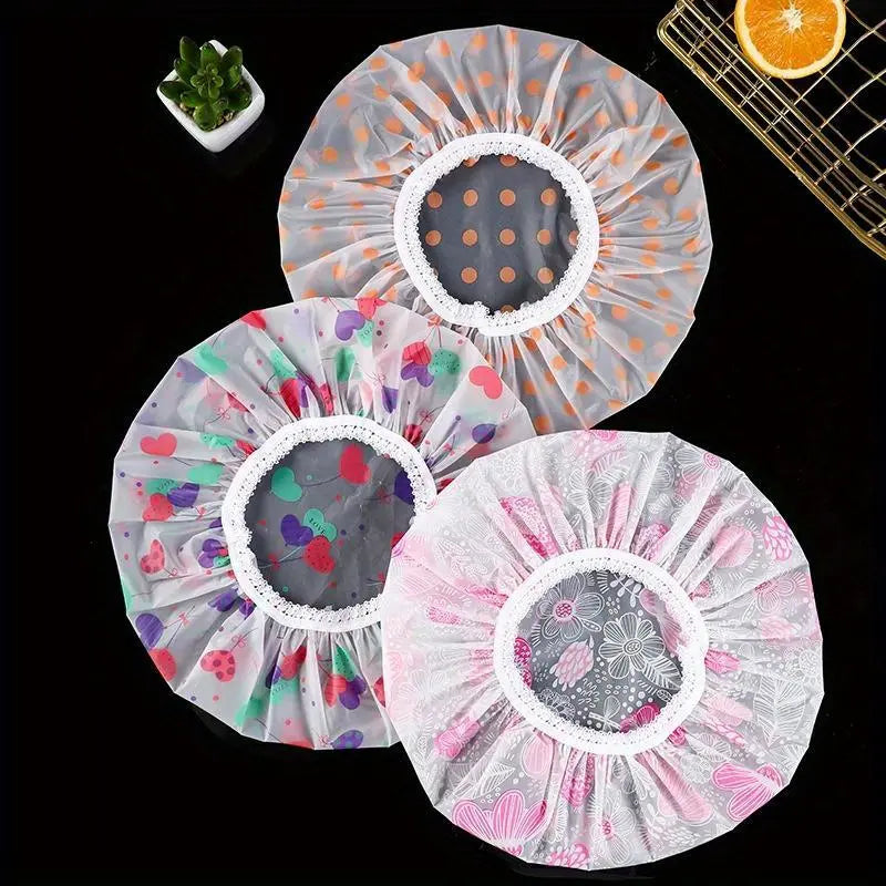 4 Pcs Thickened Reusable Waterproof Shower Cap Set, Elastic Plastic Bath Caps, All Over Print Hair Covers for Spa, Hair Salon, Cooking and Bathroom Use