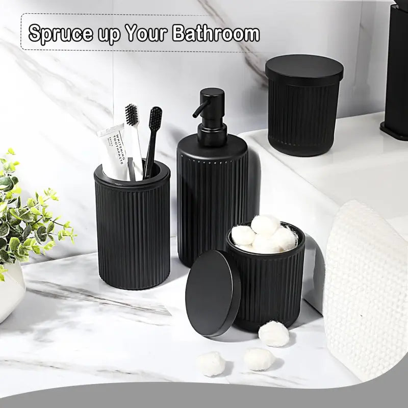 Matte Black Stainless Steel Bathroom Organizer Supplies Set (4-Piece) - Glass Soap Dispenser with Pump, Holder, Qtip Organiser for Modern Home Decor