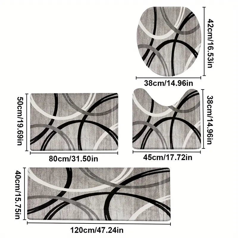 3/4pcs Grey Black White Curved Line Flannel Bathroom Mat Set, Non-Slip Absorbent Bath Rugs, U-Shaped Toilet Cover, Washable Complete Shower Mat Kit