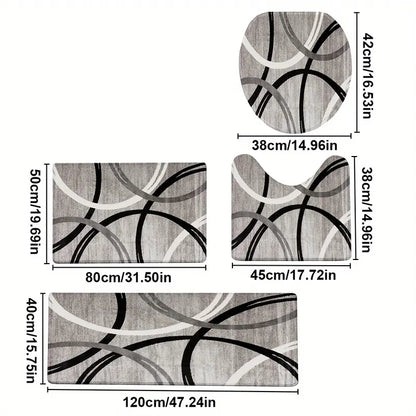 3/4pcs Grey Black White Curved Line Flannel Bathroom Mat Set, Non-Slip Absorbent Bath Rugs, U-Shaped Toilet Cover, Washable Complete Shower Mat Kit