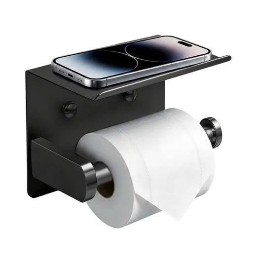 DGAPHRO Black Toilet Paper Holder with Shelf Rustproof Stainless Steel, Adhesive or Screw Wall Mount for Easy Installation, Toilet Tissue Holder for Bathroom,Washroom, Kitchen,RV.