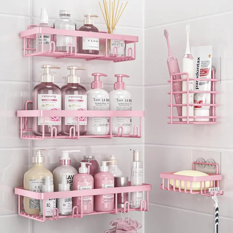 5-Piece Rustproof Stainless Steel Bathroom Organizer Set, No-Drill Self-Adhesive Shower Organizer with Holder & Shelf for Shampoo & Body Wash, Renter-Friendly Bathroom Accessory with Easy Installation