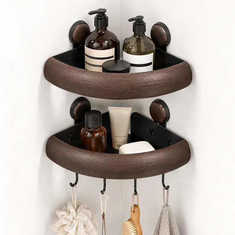2-Piece L-Shape Wall-Mounted Bathroom Corner Shelf Set - Hassle-Free Adhesive Suction Cup Mount, No-Drilling Shelves on Walls, Double-Layer Durable Shower Storage Set with Towel Bar, 8 Hooks, Detachable Organiser, Drainage Holes (for Renters)