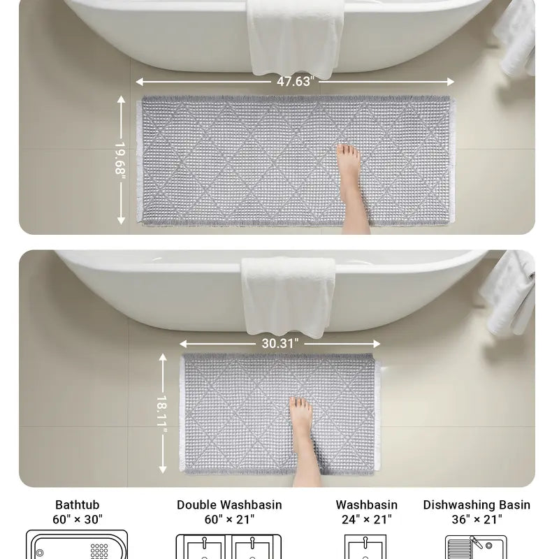 Furicher 2-Piece Anti-Slip Grip Bath Mat Set, Boho Home Spa Waffle Rugs - Super Absorbent Rectangle Mats for Bathroom Decoration, Shower Use, Machine Washable Gray & White (50.8cm×114.7cm + 45.7cm×76.2cm)