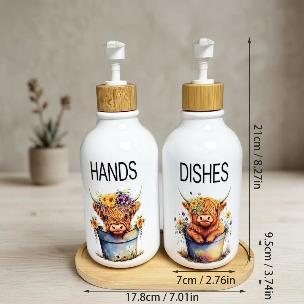 2Pcs Highland Cow Soap Dispensers with Tray, Farmhouse Cow Floral Plastic Dispenser with Bamboo Elements and Pump, Refillable Liquid Dish Soap Container for Bathroom and Kitchen Countertop Decor, Bathroom Accessory, Bathroom Gadgets