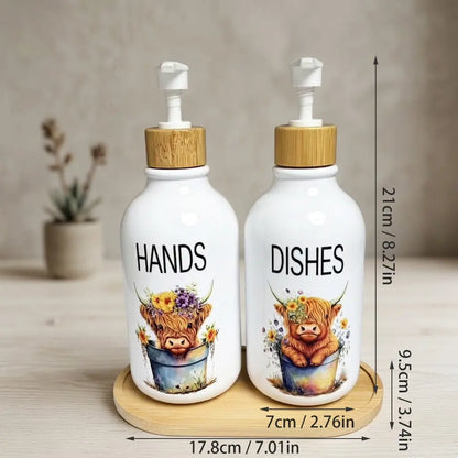 2Pcs Highland Cow Soap Dispensers with Tray, Farmhouse Cow Floral Plastic Dispenser with Bamboo Elements and Pump, Refillable Liquid Dish Soap Container for Bathroom and Kitchen Countertop Decor, Bathroom Accessory, Bathroom Gadgets